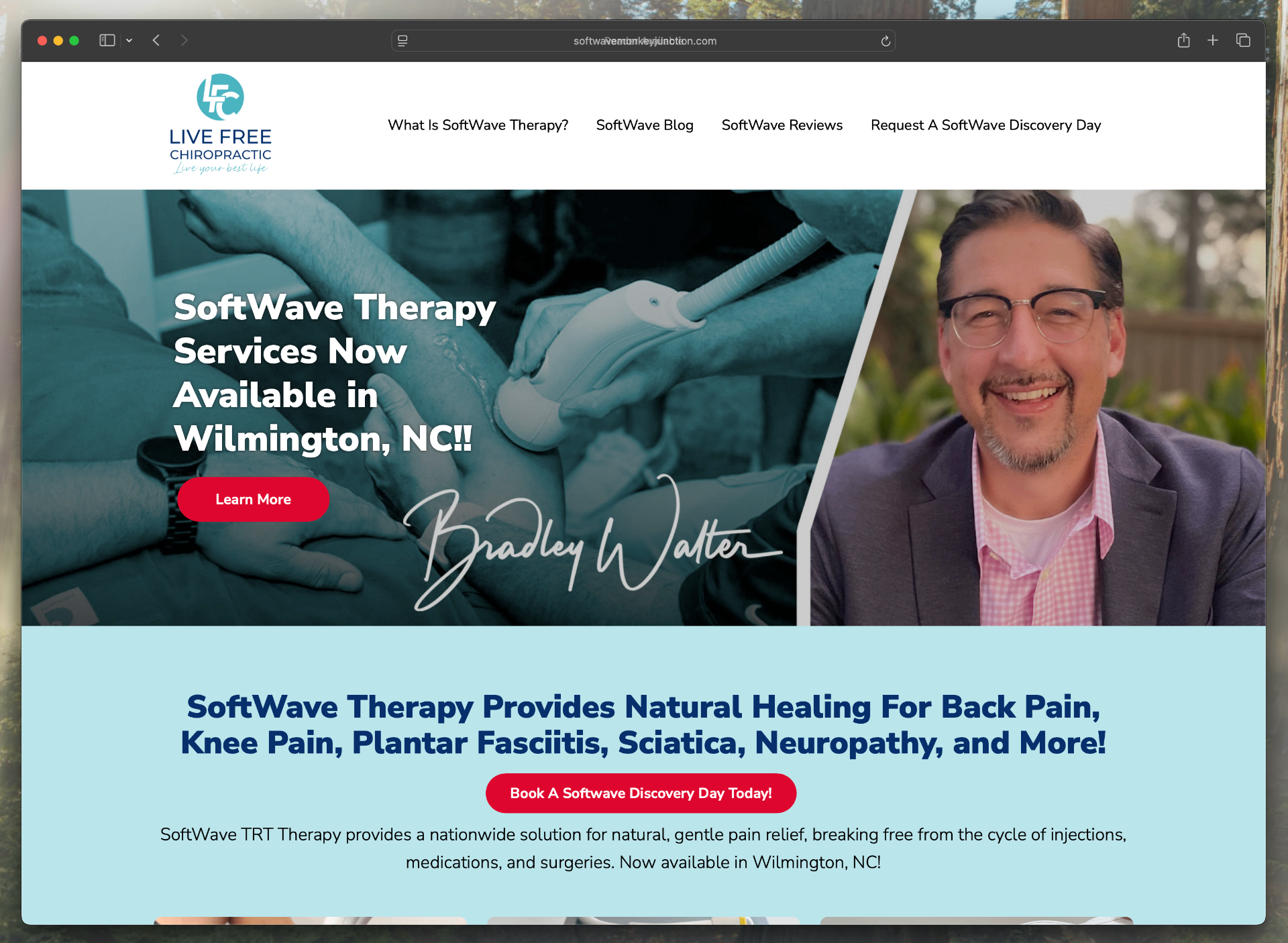SoftWave therapy website built for Dr. Bradley Walter at Live Free Chiropractic in Wilmington, North Carolina